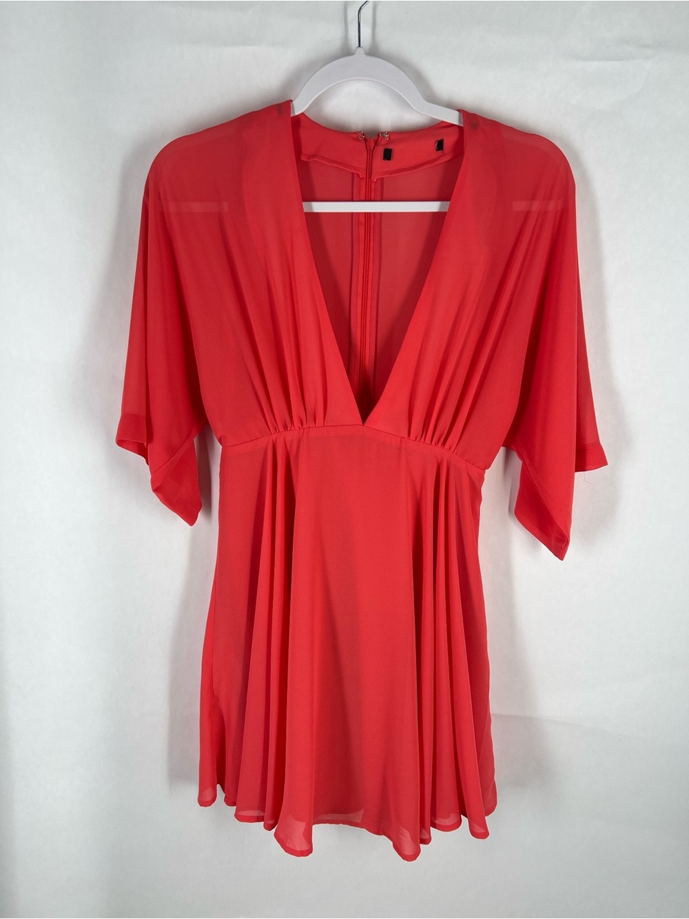 Coral Pink Chiffon Deep V Back‎ Fit & Flare Dress Women’s Size 4 26” Waist